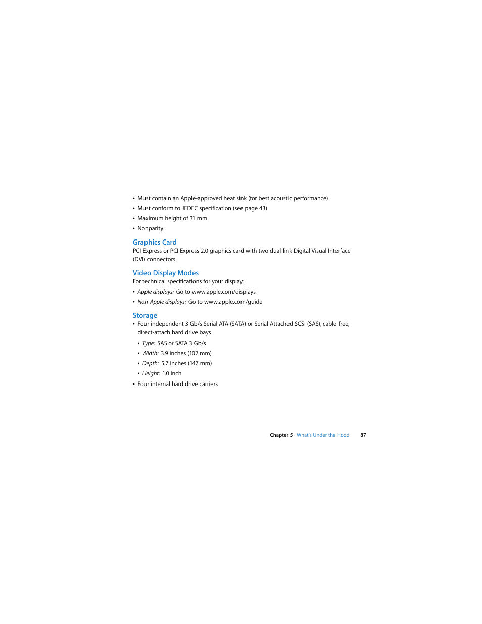 Graphics card, Video display modes, Storage | Apple Mac Pro (Early 2008) User Manual | Page 87 / 120