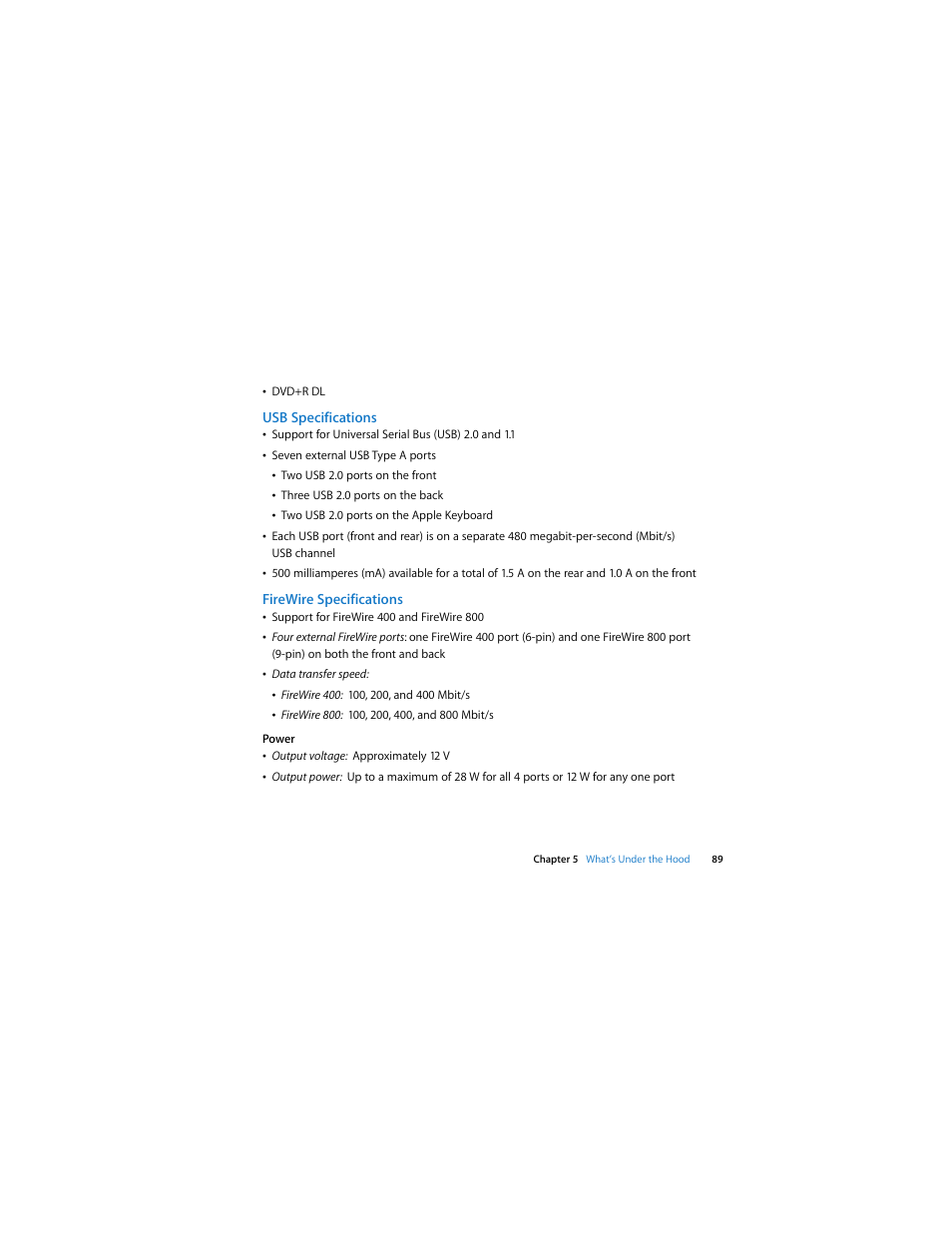 Usb specifications, Firewire specifications | Apple Mac Pro (Early 2008) User Manual | Page 89 / 120