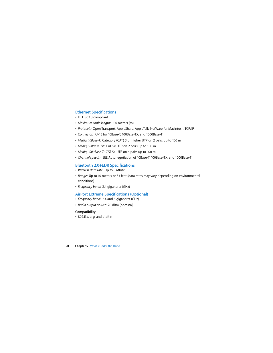 Ethernet specifications, Bluetooth 2.0+edr specifications, Airport extreme specifications (optional) | Apple Mac Pro (Early 2008) User Manual | Page 90 / 120