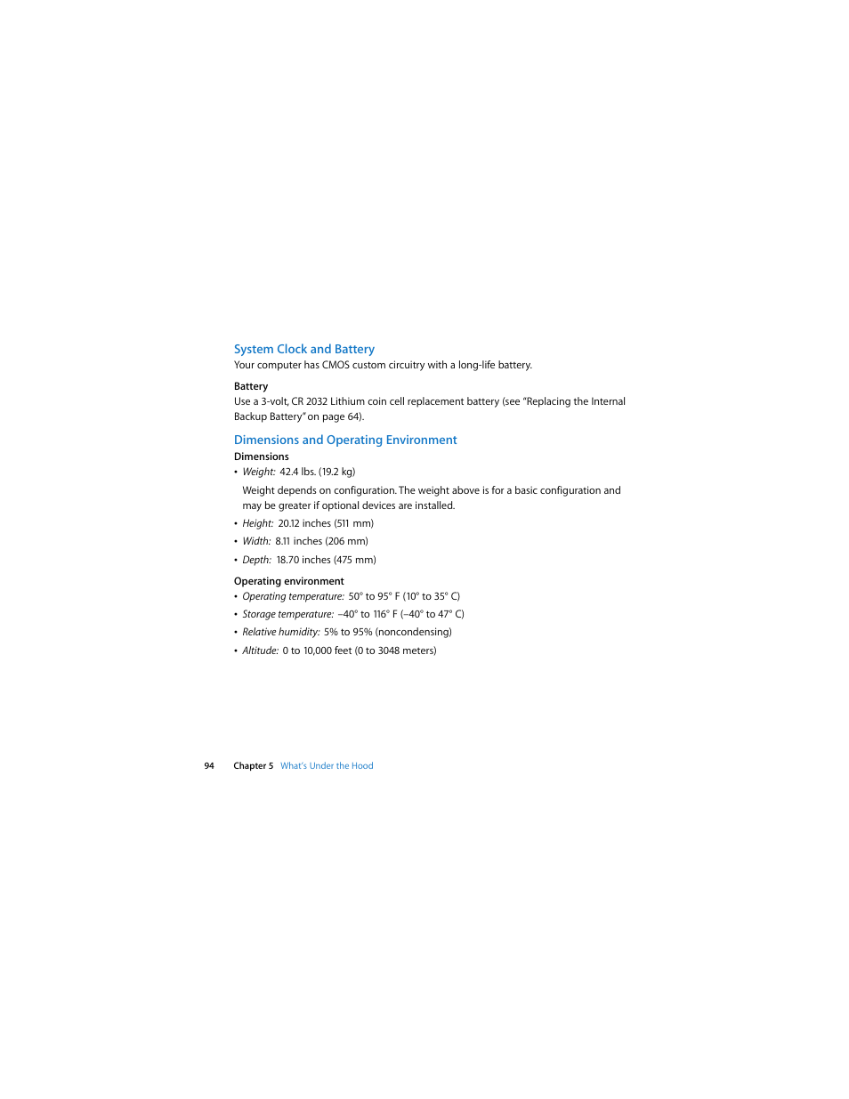 System clock and battery, Dimensions and operating environment | Apple Mac Pro (Early 2008) User Manual | Page 94 / 120