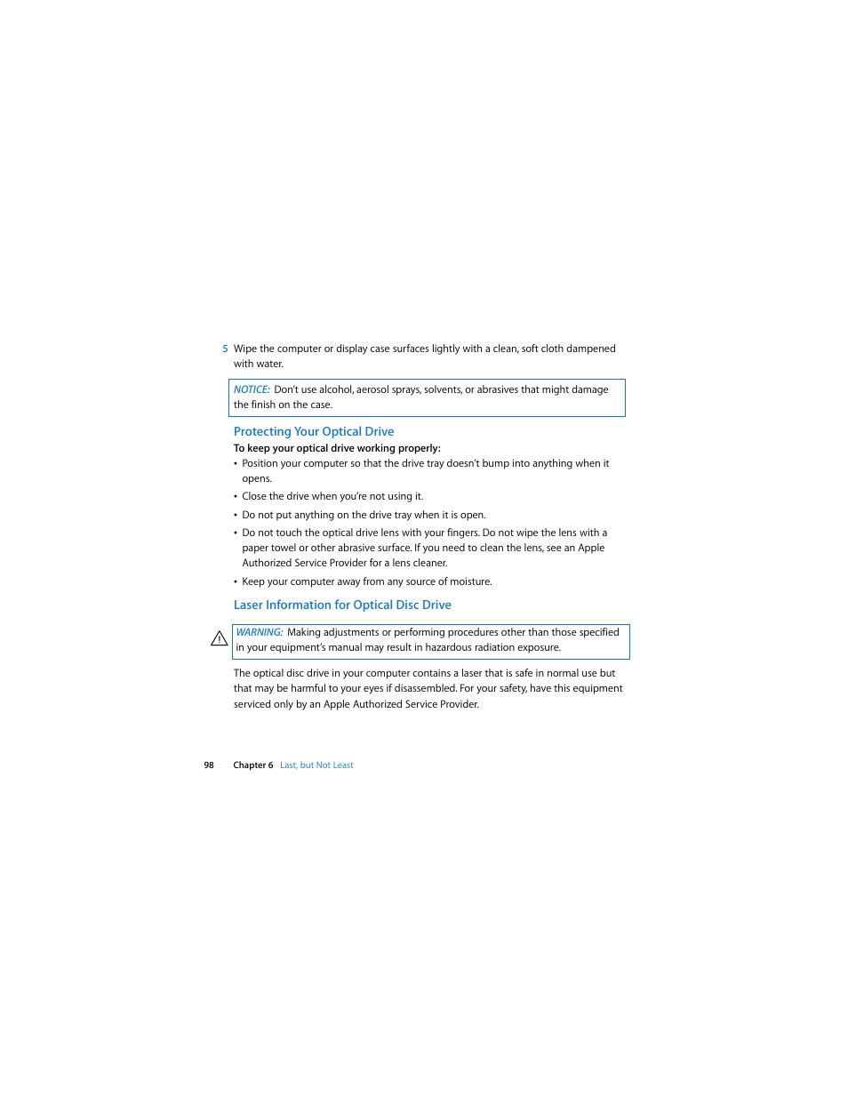 Protecting your optical drive, Laser information for optical disc drive | Apple Mac Pro (Early 2008) User Manual | Page 98 / 120