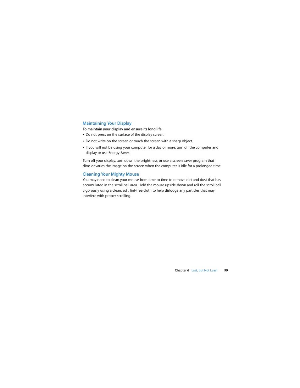 Maintaining your display, Cleaning your mighty mouse | Apple Mac Pro (Early 2008) User Manual | Page 99 / 120