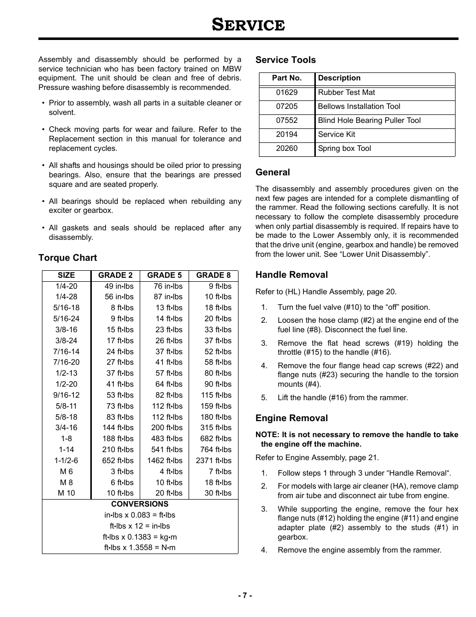 Service, Torque chart, Service tools | General, Handle removal, Engine removal, Ervice, Torque chart service tools general | MBW R422 User Manual | Page 10 / 29