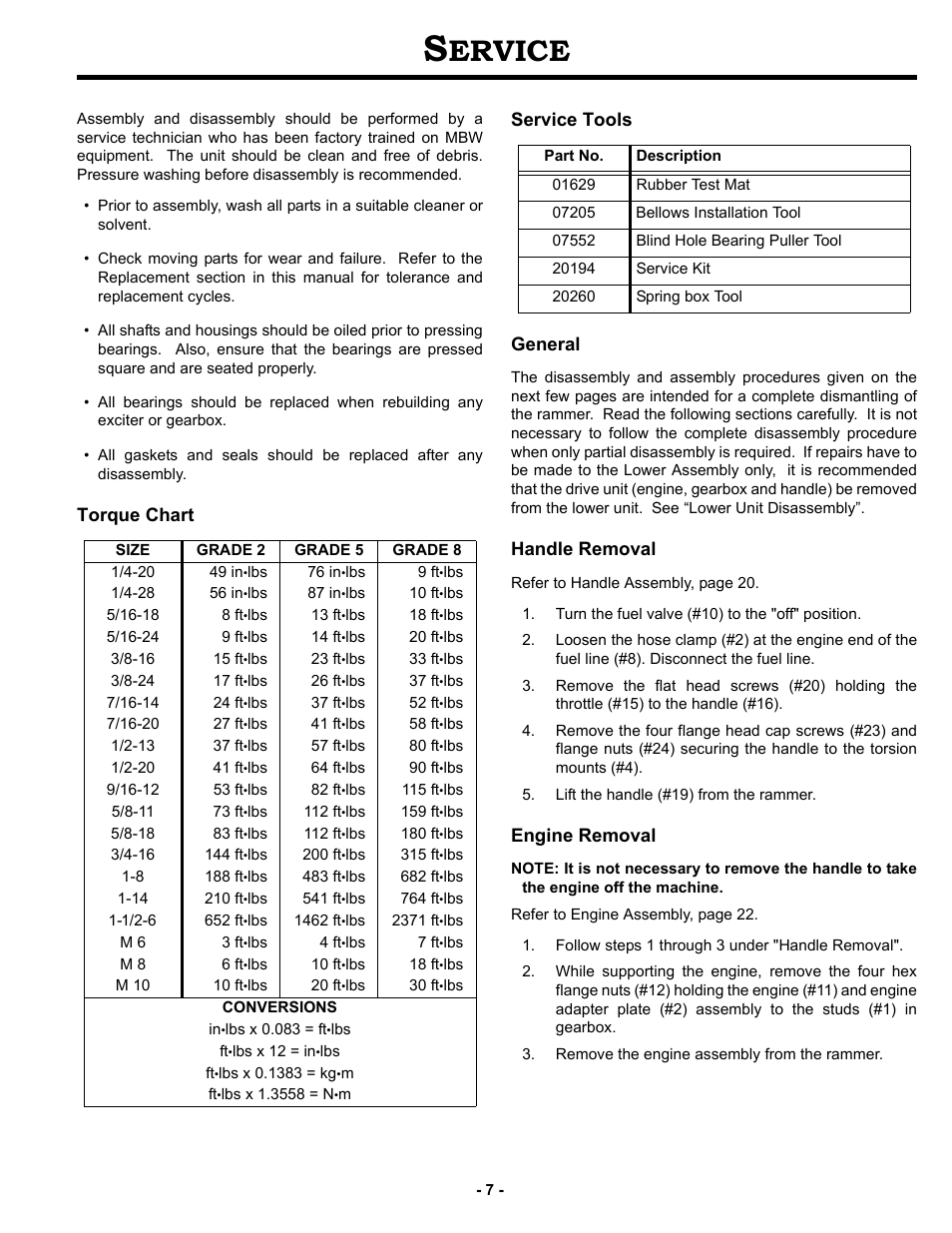 Service, Torque chart, Service tools | General, Handle removal, Engine removal, Ervice, Torque chart service tools general | MBW R442 User Manual | Page 10 / 29