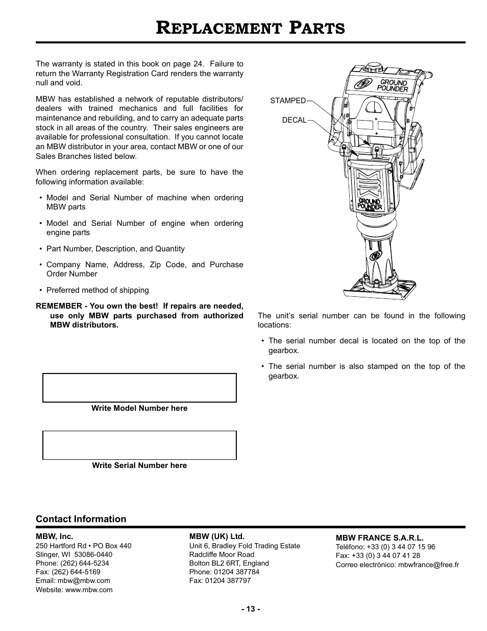 Replacement parts, Eplacement, Arts | MBW R442 User Manual | Page 16 / 29