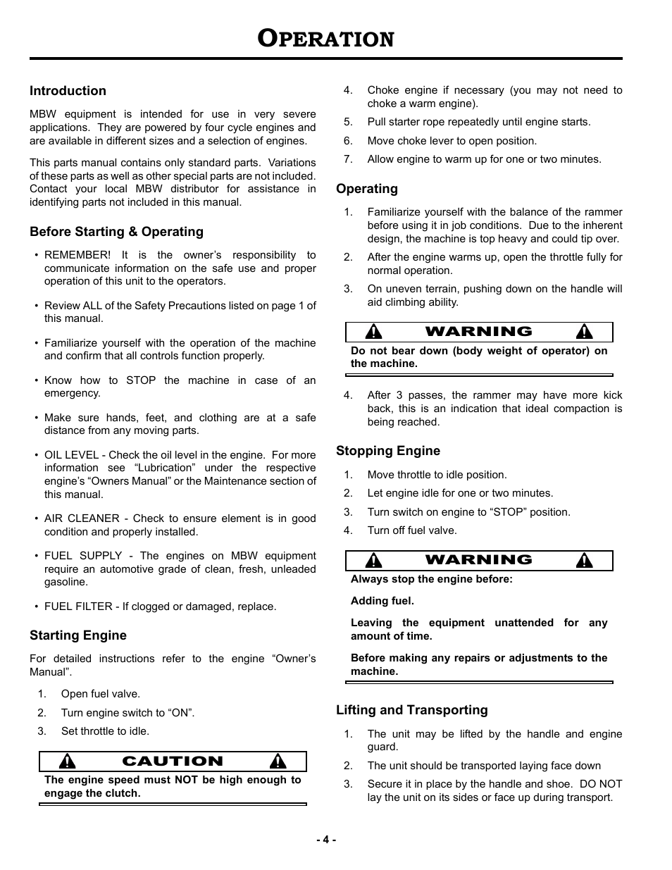 Operation, Introduction, Before starting & operating | Starting engine, Operating, Stopping engine, Lifting and transporting, Peration | MBW R442 User Manual | Page 7 / 29