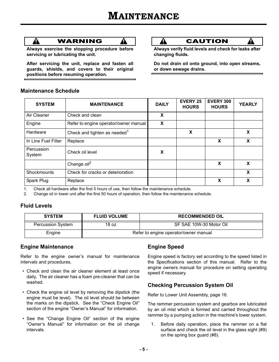Maintenance, Maintenance schedule, Fluid levels | Engine maintenance, Engine speed, Checking percussion system oil, Aintenance | MBW R442 User Manual | Page 8 / 29