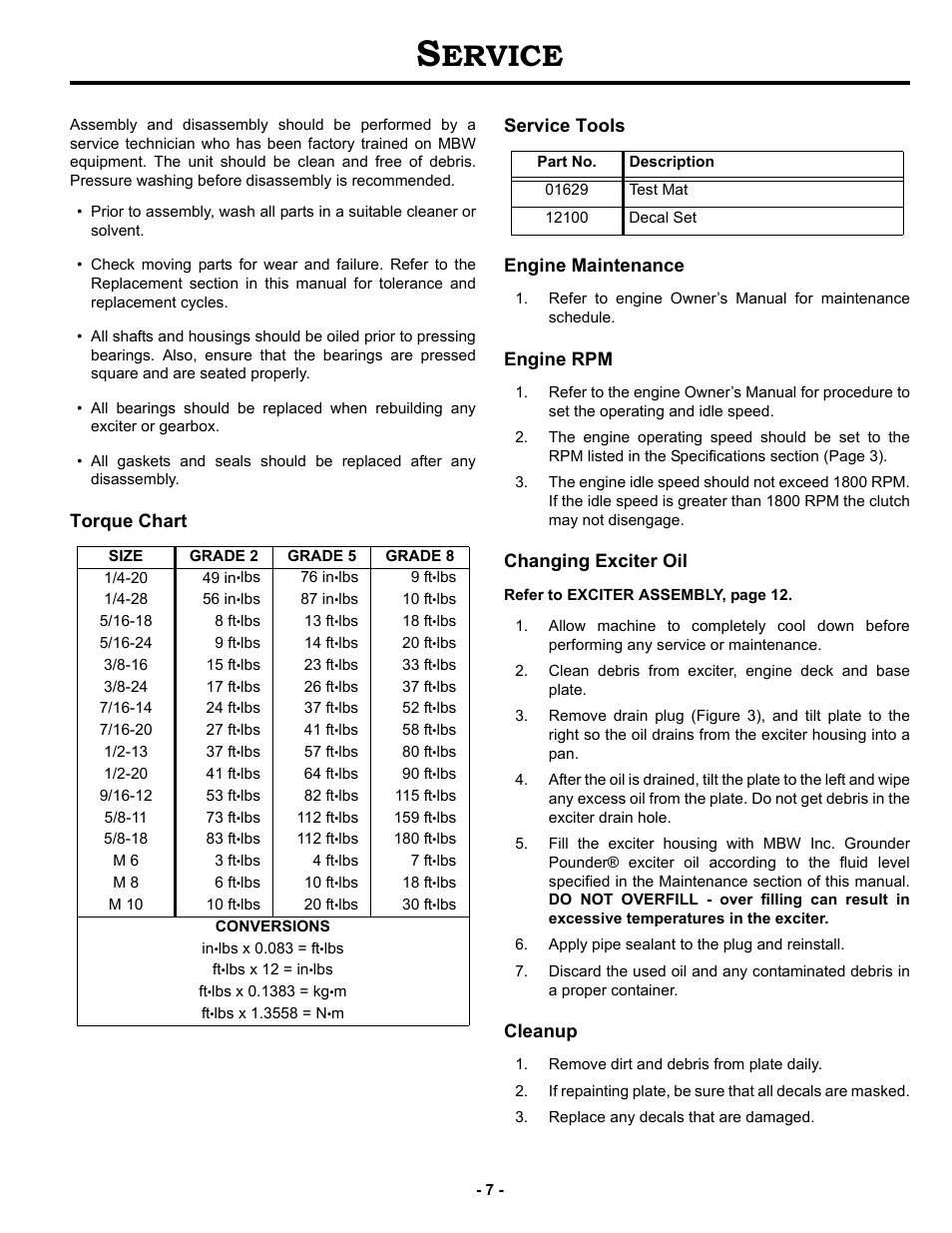 Service, Torque chart, Service tools | Engine maintenance, Engine rpm, Changing exciter oil, Cleanup, Ervice, Torque chart service tools engine maintenance | MBW GP18 User Manual | Page 10 / 25