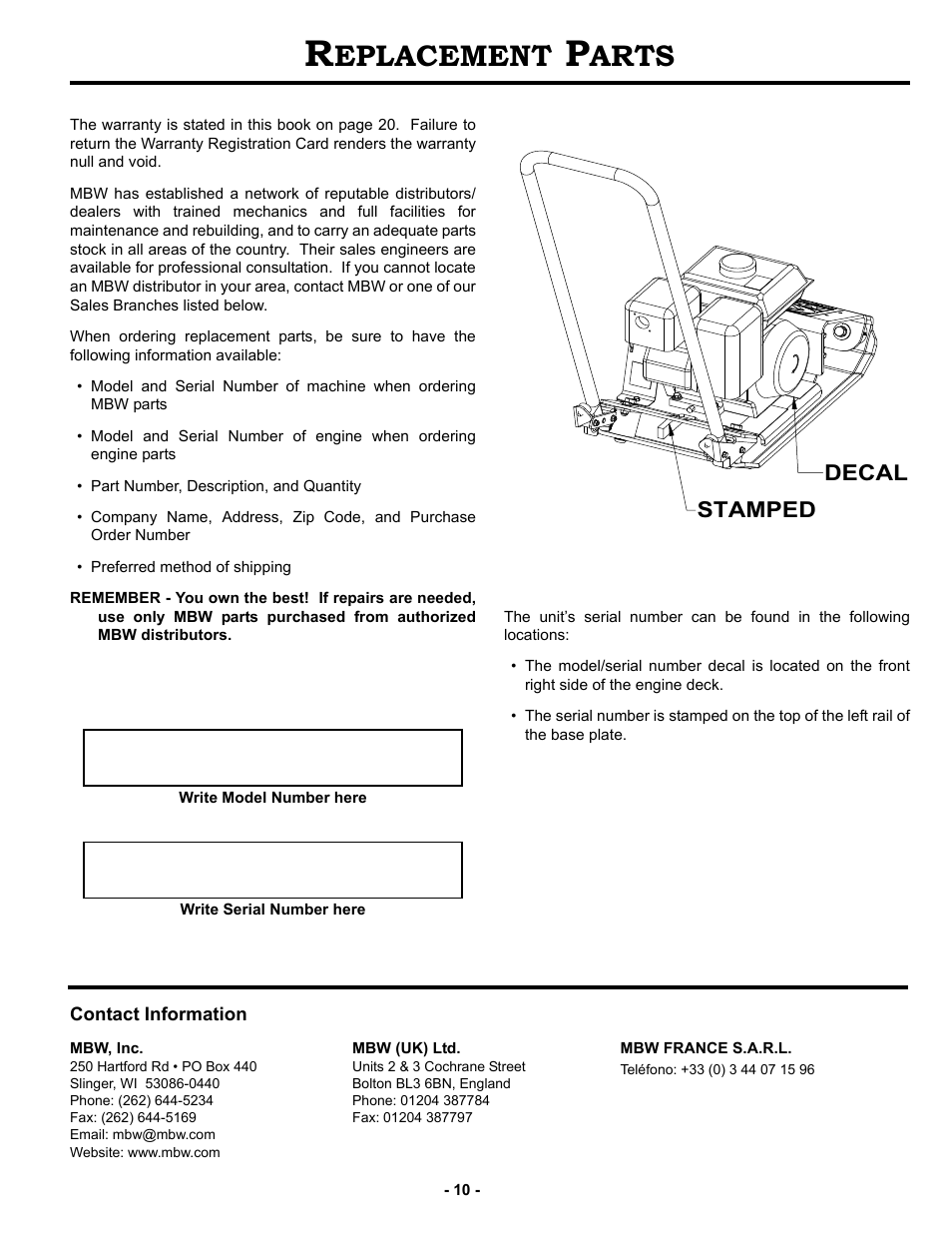 Replacement parts, Eplacement, Arts | MBW GP18 User Manual | Page 13 / 25