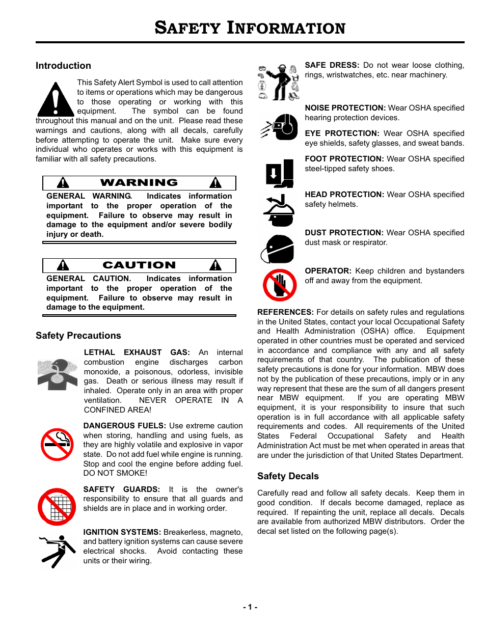 Safety information, Introduction, Safety precautions | Safety decals, Afety, Nformation | MBW GP18 User Manual | Page 4 / 25