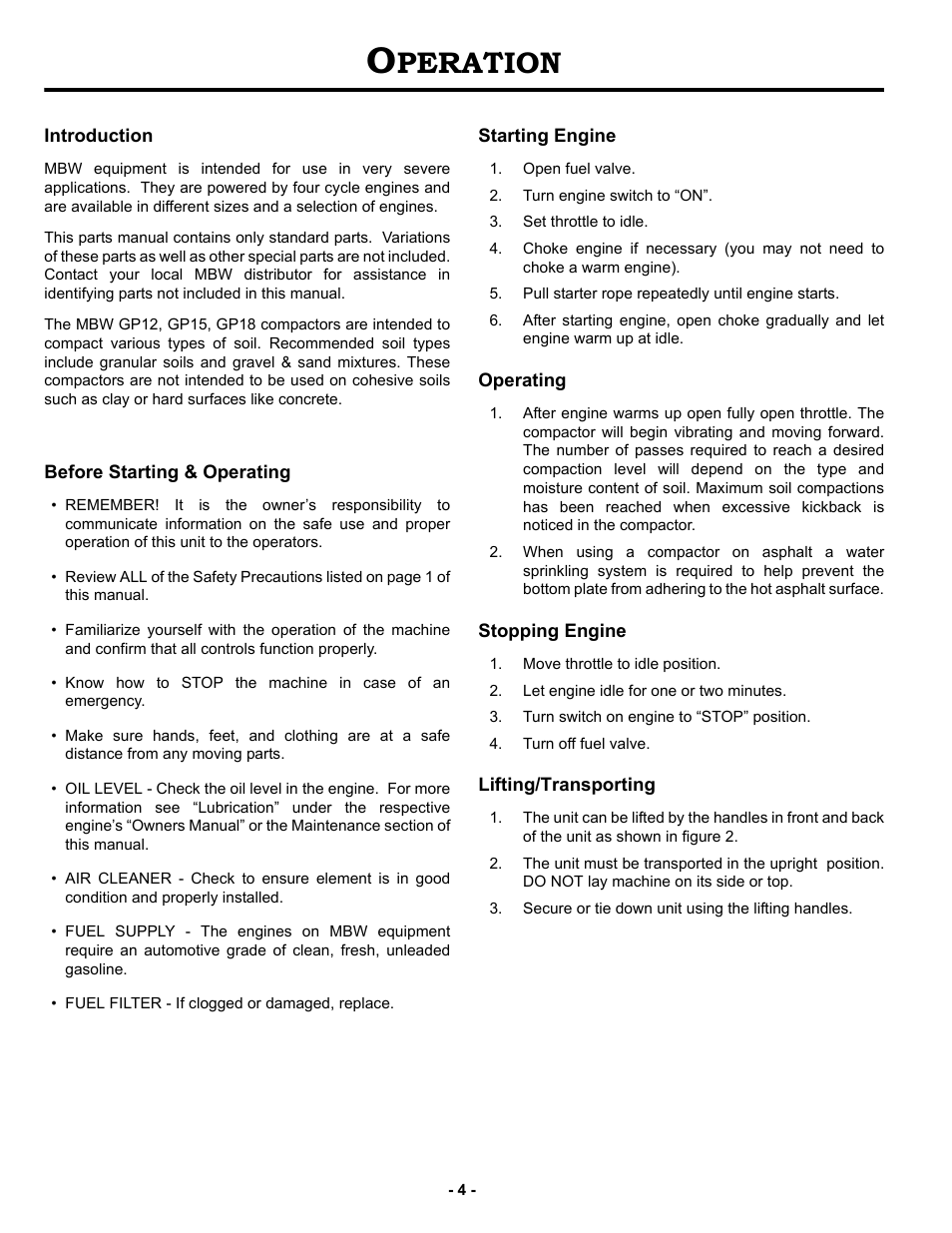 Operation, Introduction, Before starting & operating | Starting engine, Operating, Stopping engine, Lifting/transporting, Peration | MBW GP18 User Manual | Page 7 / 25