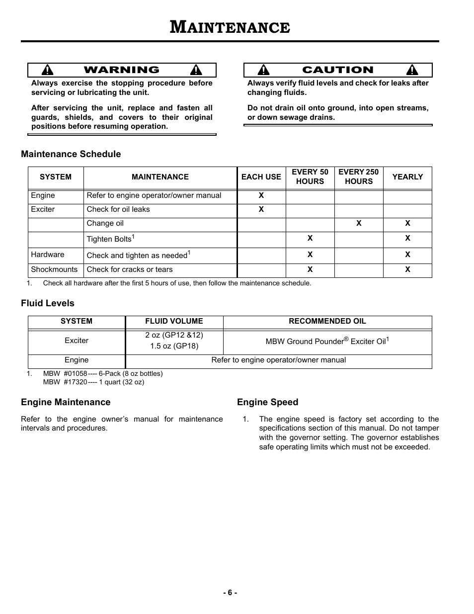 Maintenance, Maintenance schedule, Fluid levels | Engine maintenance, Engine speed, Aintenance | MBW GP18 User Manual | Page 9 / 25