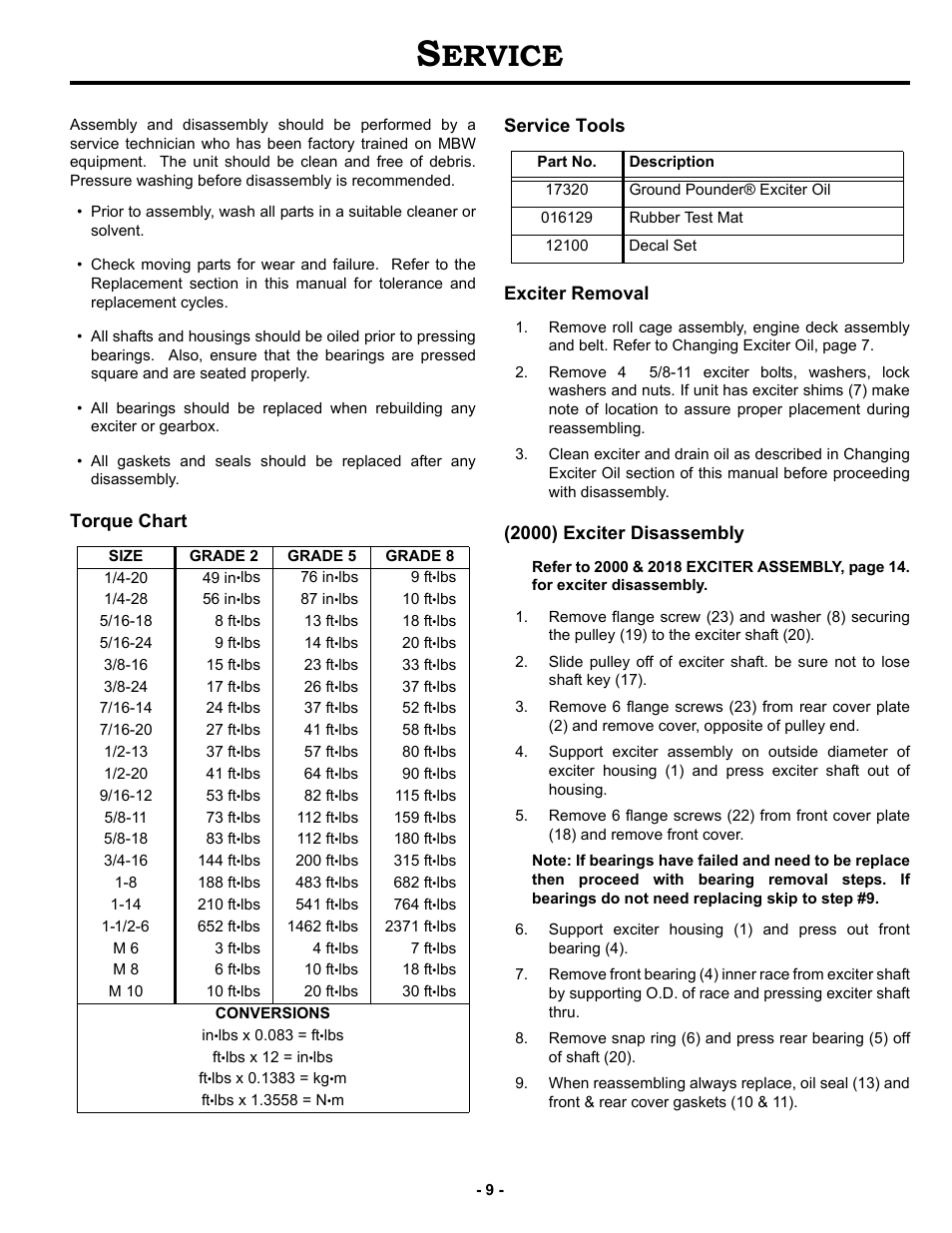 Service, Torque chart, Service tools | Exciter removal, 2000) exciter disassembly, Ervice, Torque chart service tools exciter removal | MBW 3550 Series User Manual | Page 12 / 29