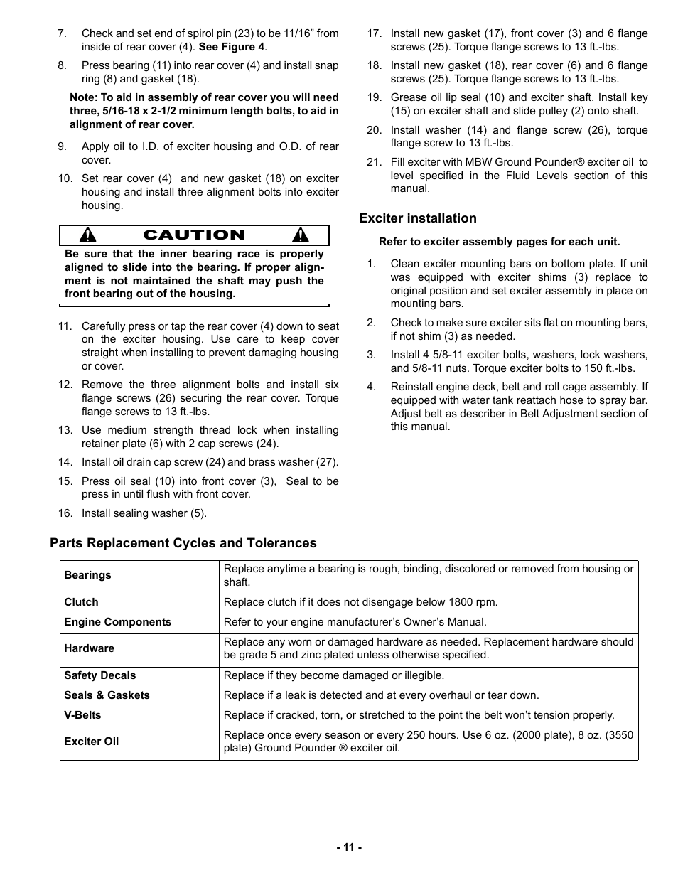 Exciter installation, Parts replacement cycles and tolerances | MBW 3550 Series User Manual | Page 14 / 29