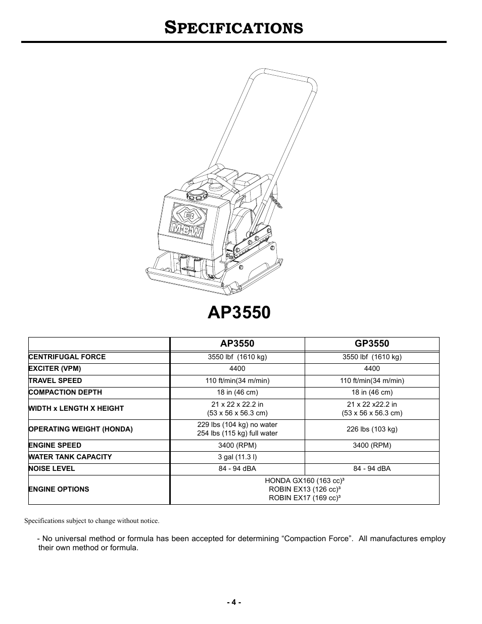 Specifications, Pecifications | MBW 3550 Series User Manual | Page 7 / 29