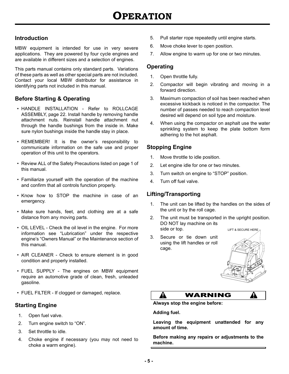 Operation, Introduction, Before starting & operating | Starting engine, Operating, Stopping engine, Lifting/transporting, Peration | MBW 3550 Series User Manual | Page 8 / 29