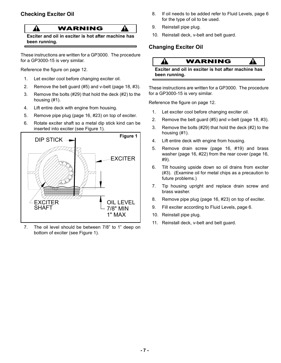 Checking exciter oil, Changing exciter oil | MBW GP3000-15 User Manual | Page 10 / 25