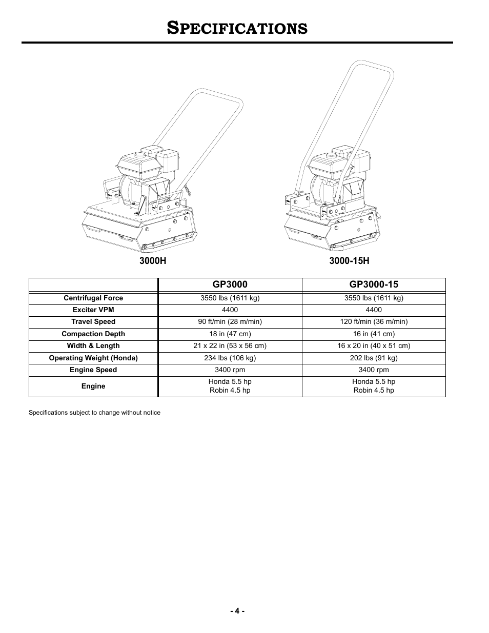 Specifications, Pecifications | MBW GP3000-15 User Manual | Page 7 / 25