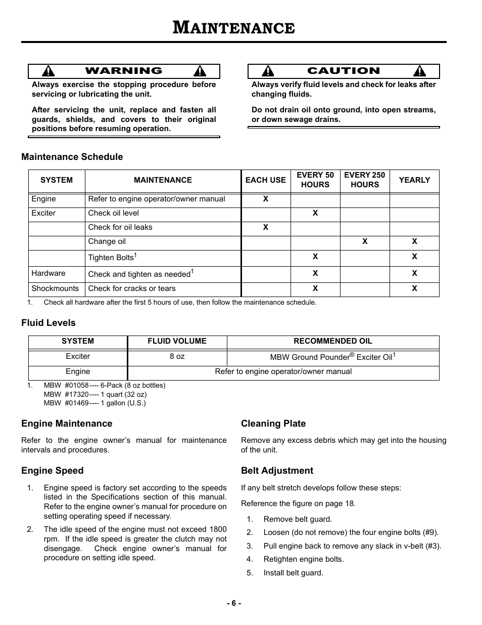 Maintenance, Maintenance schedule, Fluid levels | Engine maintenance, Engine speed, Cleaning plate, Belt adjustment, Aintenance | MBW GP3000-15 User Manual | Page 9 / 25