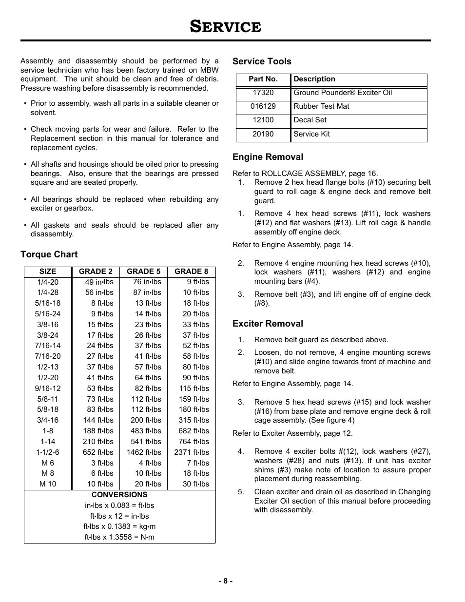 Service, Torque chart, Service tools | Engine removal, Exciter removal, Ervice, Torque chart service tools engine removal | MBW 5800 Series User Manual | Page 11 / 21