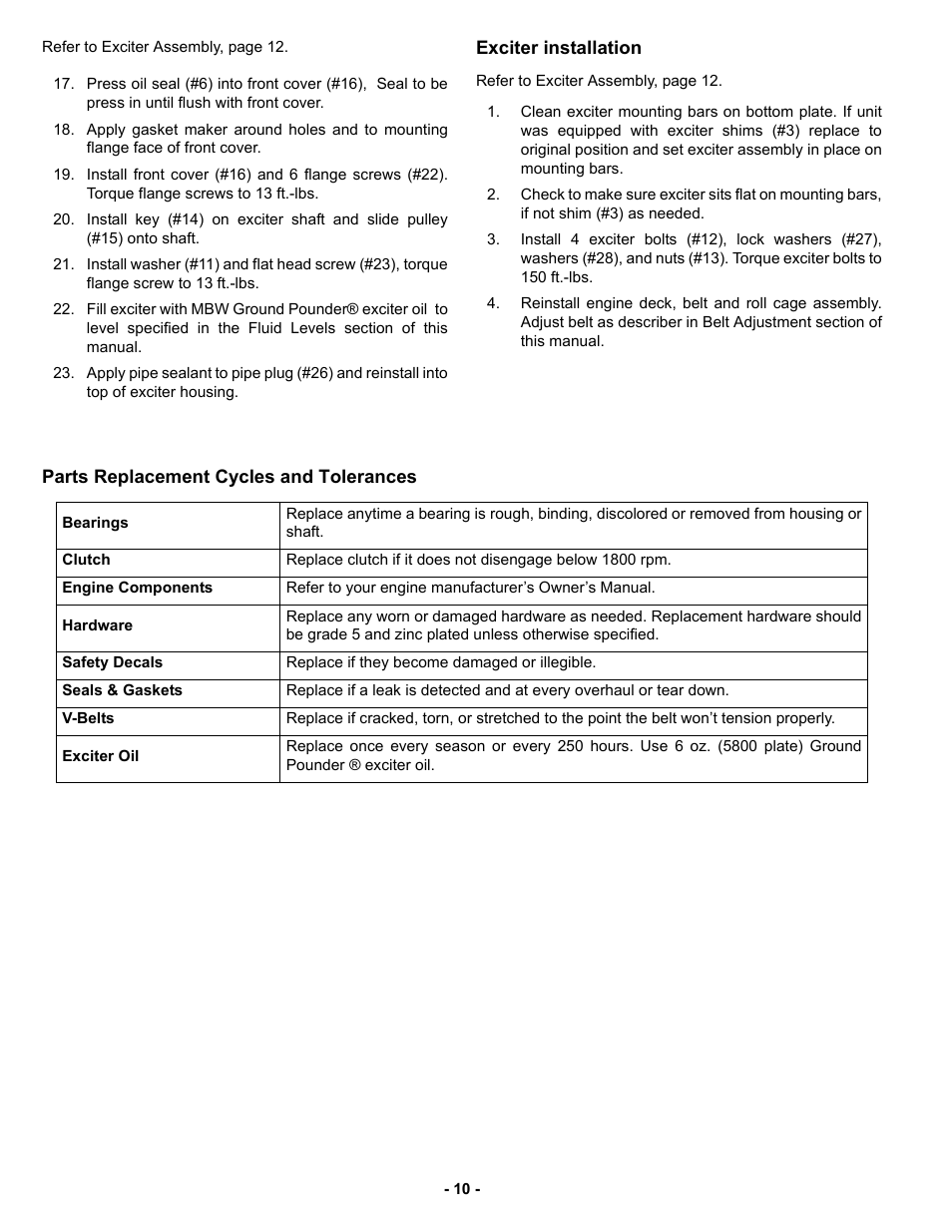 Exciter installation, Parts replacement cycles and tolerances | MBW 5800 Series User Manual | Page 13 / 21