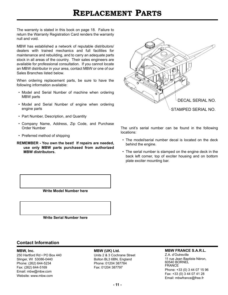 Replacement parts, Eplacement, Arts | MBW 5800 Series User Manual | Page 14 / 21