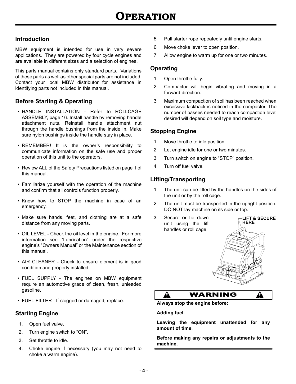 Operation, Introduction, Before starting & operating | Starting engine, Operating, Stopping engine, Lifting/transporting, Peration | MBW 5800 Series User Manual | Page 7 / 21