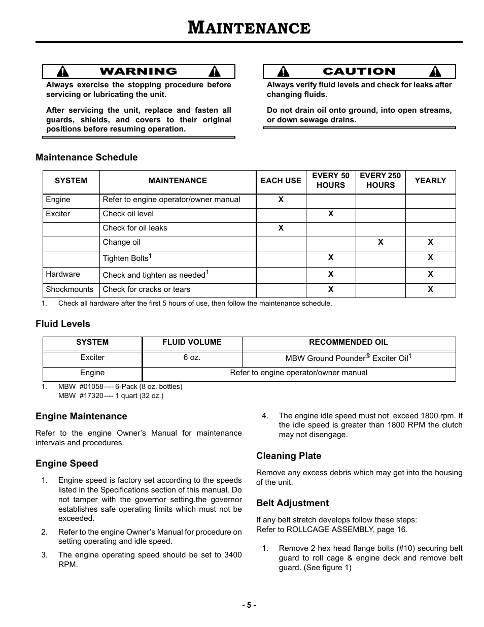 Maintenance, Maintenance schedule, Fluid levels | Engine maintenance, Engine speed, Cleaning plate, Belt adjustment, Aintenance | MBW 5800 Series User Manual | Page 8 / 21