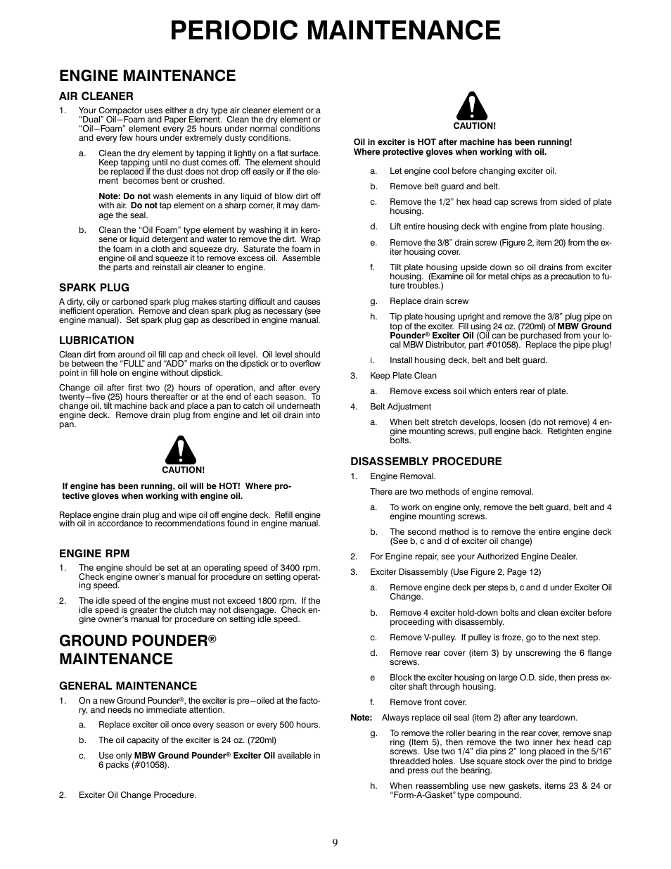 Periodic maintenance, Engine maintenance, Ground pounder® maintenance | MBW 7000 Series User Manual | Page 11 / 18