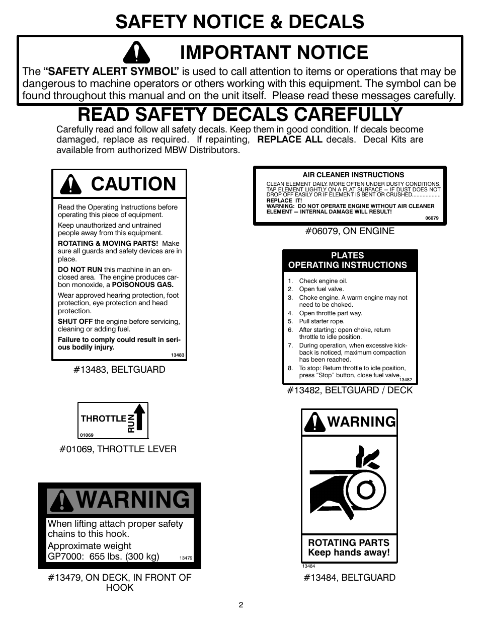 Safety notice & decals important notice, Read safety decals carefully, Caution | Warning | MBW 7000 Series User Manual | Page 4 / 18