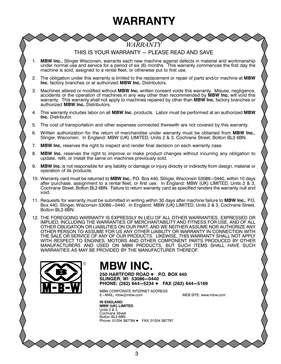 Warranty, Mbw inc | MBW 7000 Series User Manual | Page 5 / 18