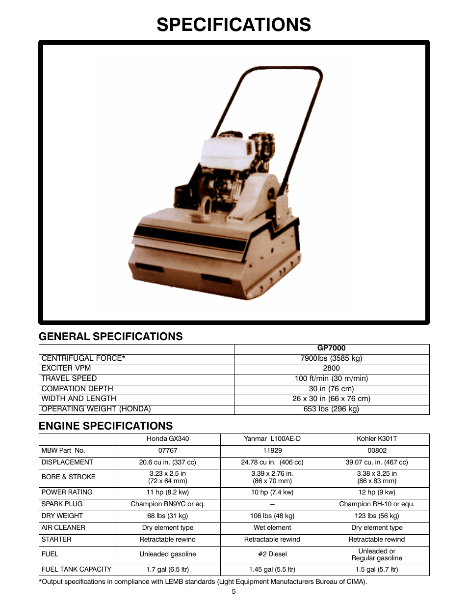 Specifications, General specifications, Engine specifications | MBW 7000 Series User Manual | Page 7 / 18