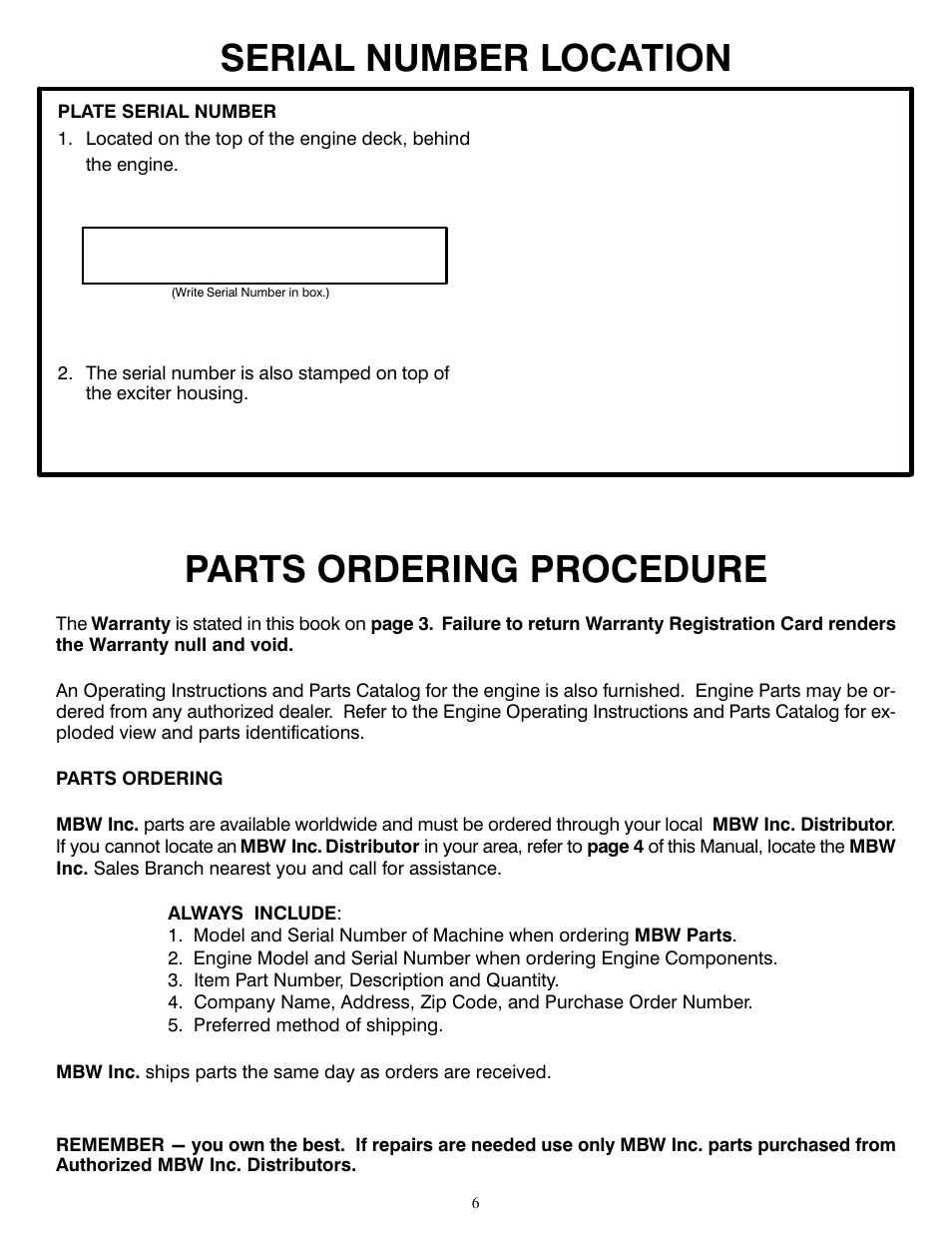 Serial number location, Parts ordering procedure | MBW 7000 Series User Manual | Page 8 / 18