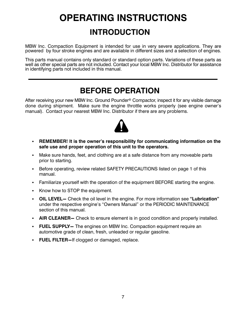 Operating instructions, Introduction, Before operation | MBW 7000 Series User Manual | Page 9 / 18