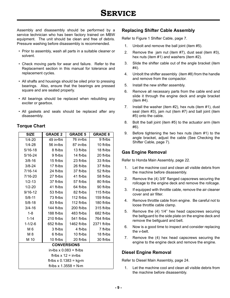 Service, Torque chart, Replacing shifter cable assembly | Gas engine removal, Diesel engine removal, Ervice, Torque chart replacing shifter cable assembly | MBW GPR77 User Manual | Page 12 / 33