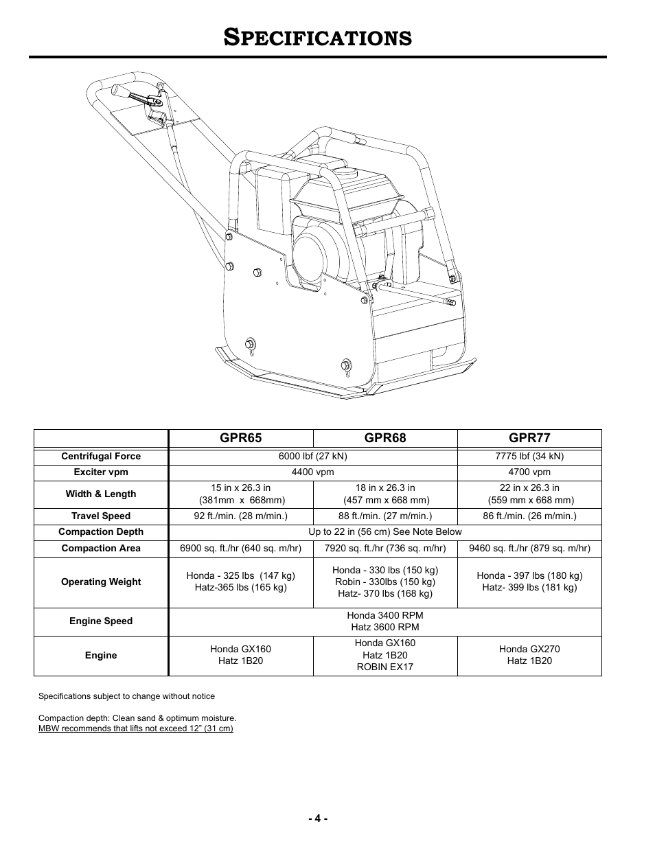 Specifications, Pecifications | MBW GPR77 User Manual | Page 7 / 33