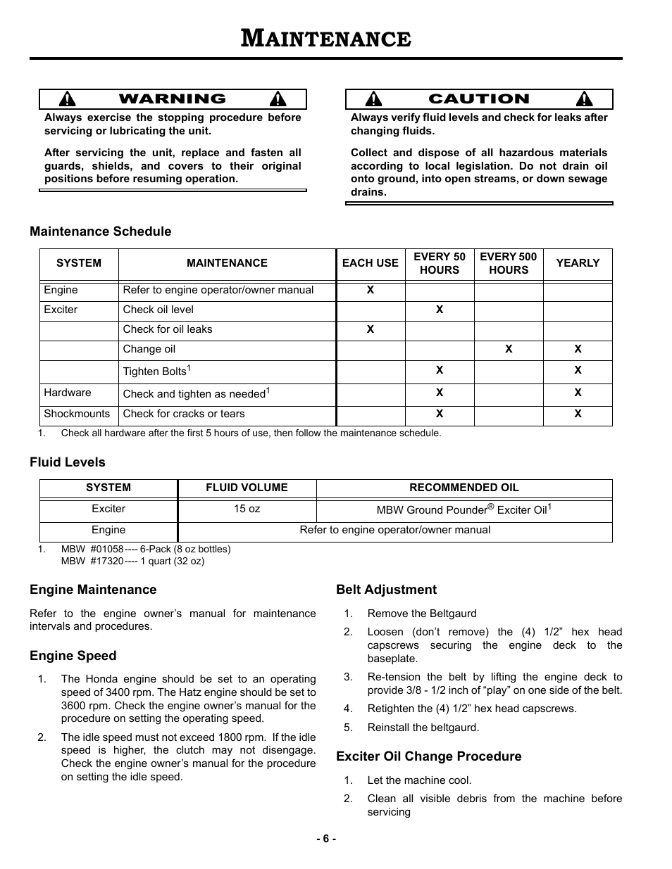 Maintenance, Maintenance schedule, Fluid levels | Engine maintenance, Engine speed, Belt adjustment, Exciter oil change procedure, Aintenance | MBW GPR77 User Manual | Page 9 / 33