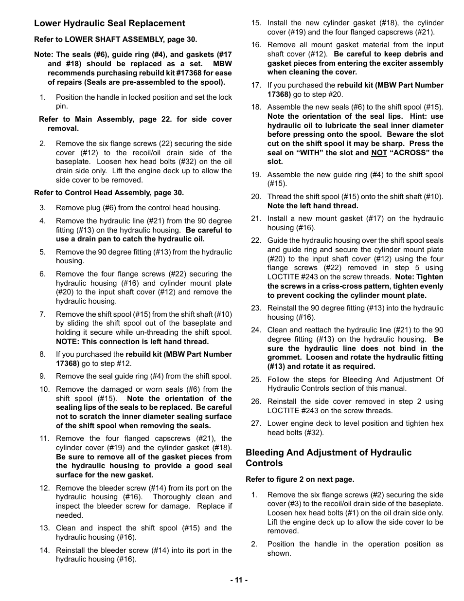 Lower hydraulic seal replacement, Bleeding and adjustment of hydraulic controls | MBW GPR135 User Manual | Page 14 / 41