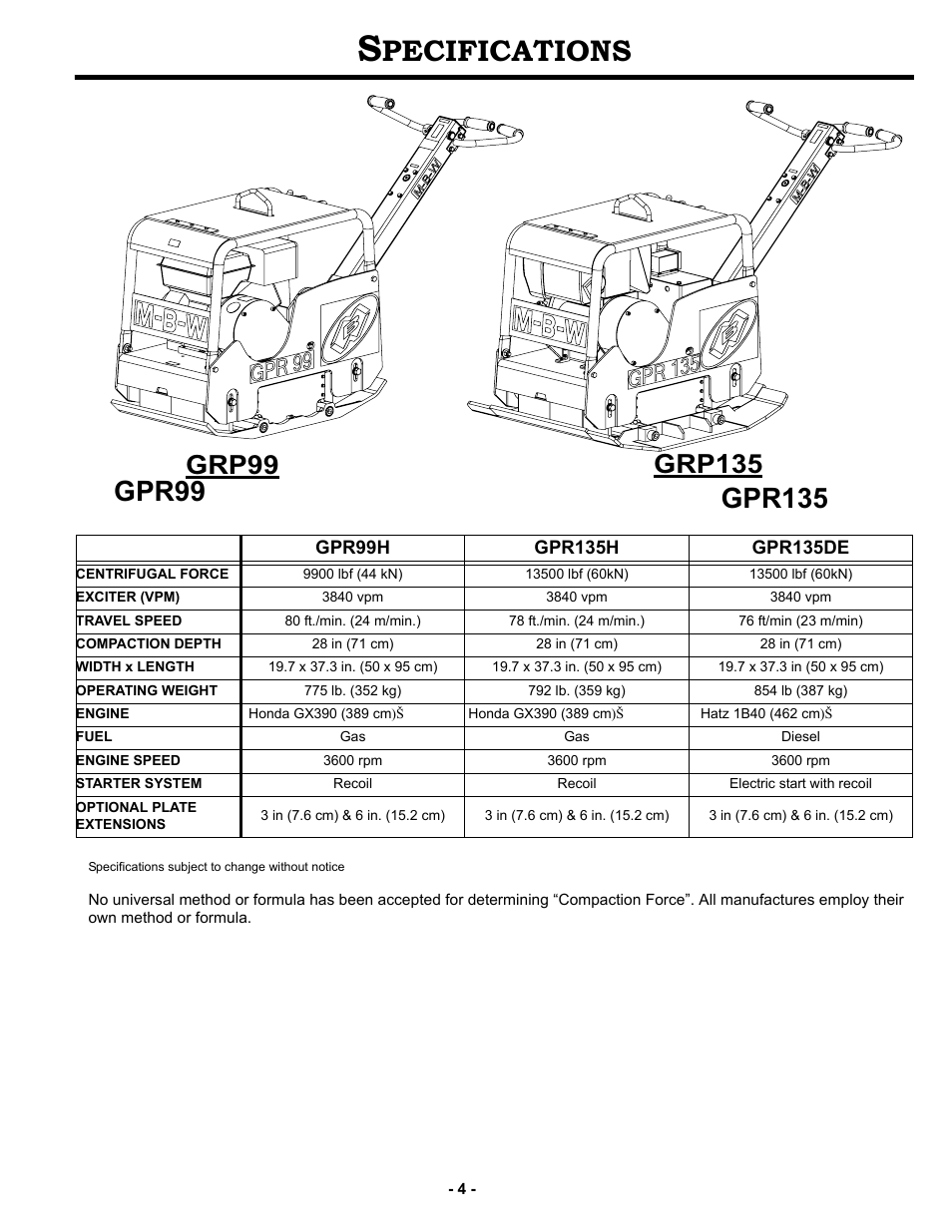 Specifications, Pecifications | MBW GPR135 User Manual | Page 7 / 41
