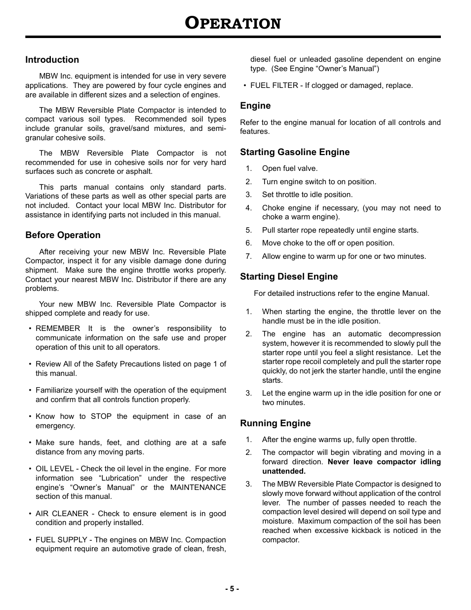 Operation, Introduction, Before operation | Engine, Starting gasoline engine, Starting diesel engine, Running engine, Peration | MBW GPR135 User Manual | Page 8 / 41