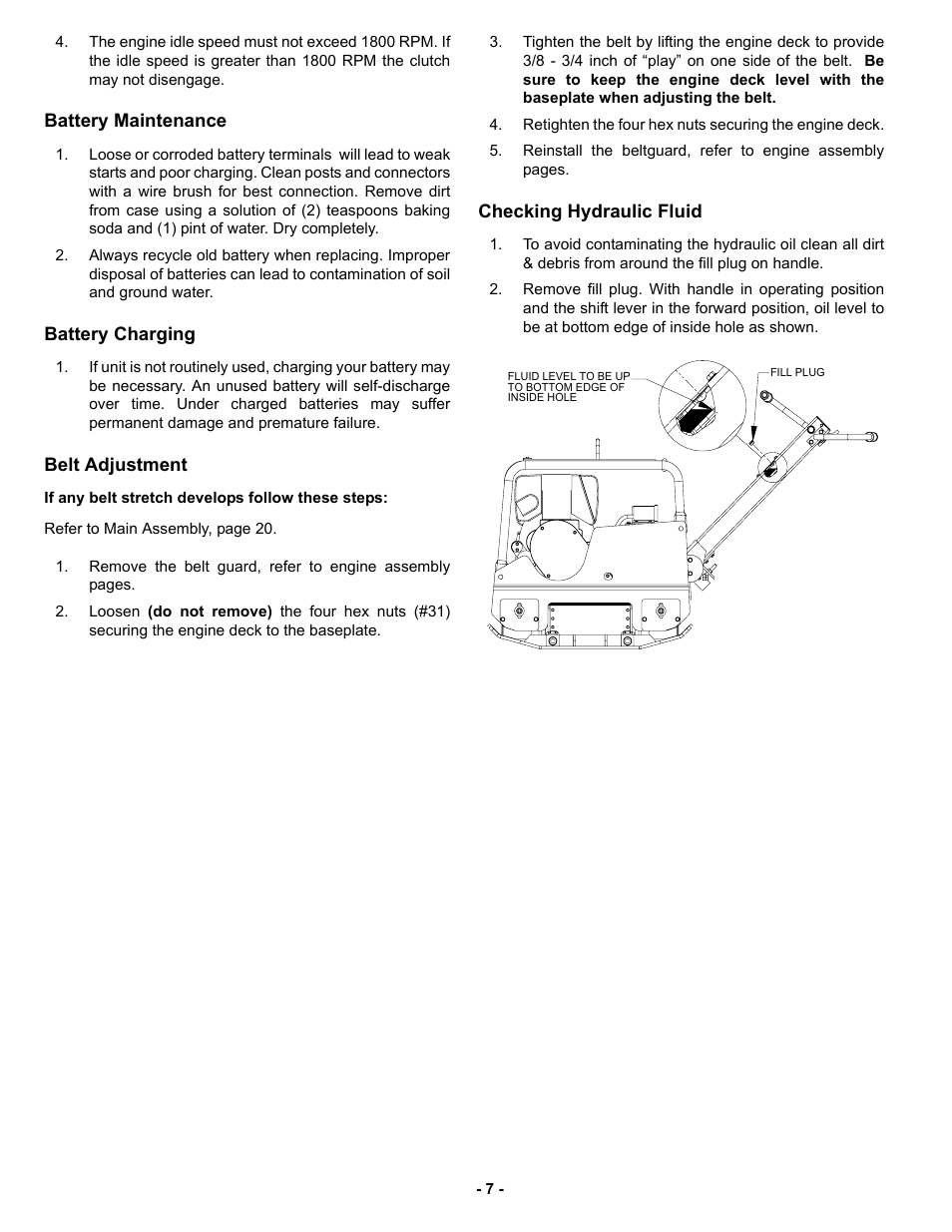 Battery maintenance, Battery charging, Belt adjustment | Checking hydraulic fluid | MBW GPR160 User Manual | Page 10 / 37