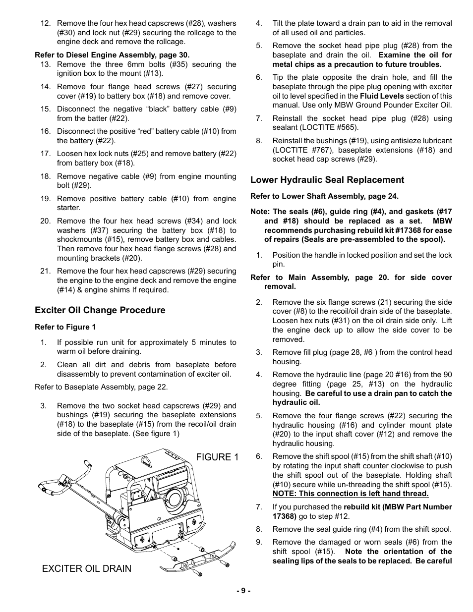 Exciter oil change procedure, Lower hydraulic seal replacement | MBW GPR160 User Manual | Page 12 / 37