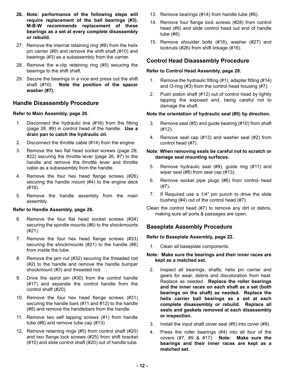 Handle disassembly procedure, Control head disassembly procedure, Baseplate assembly procedure | MBW GPR160 User Manual | Page 15 / 37