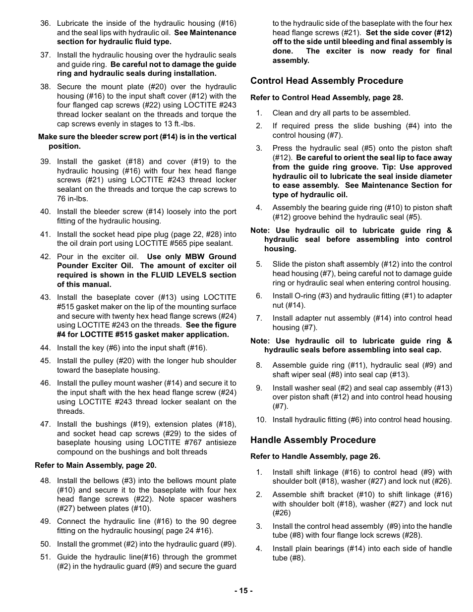 Control head assembly procedure, Handle assembly procedure | MBW GPR160 User Manual | Page 18 / 37