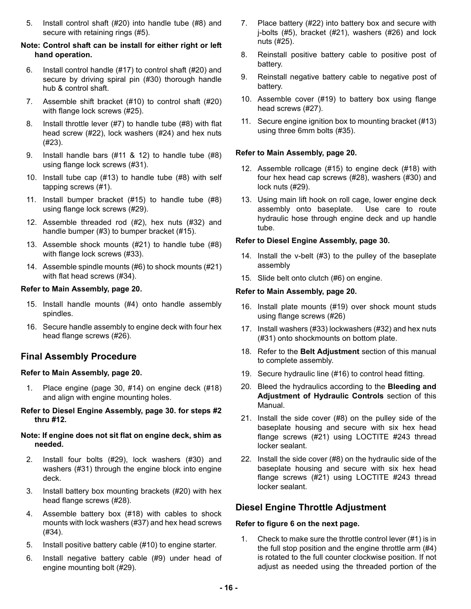Final assembly procedure, Diesel engine throttle adjustment | MBW GPR160 User Manual | Page 19 / 37