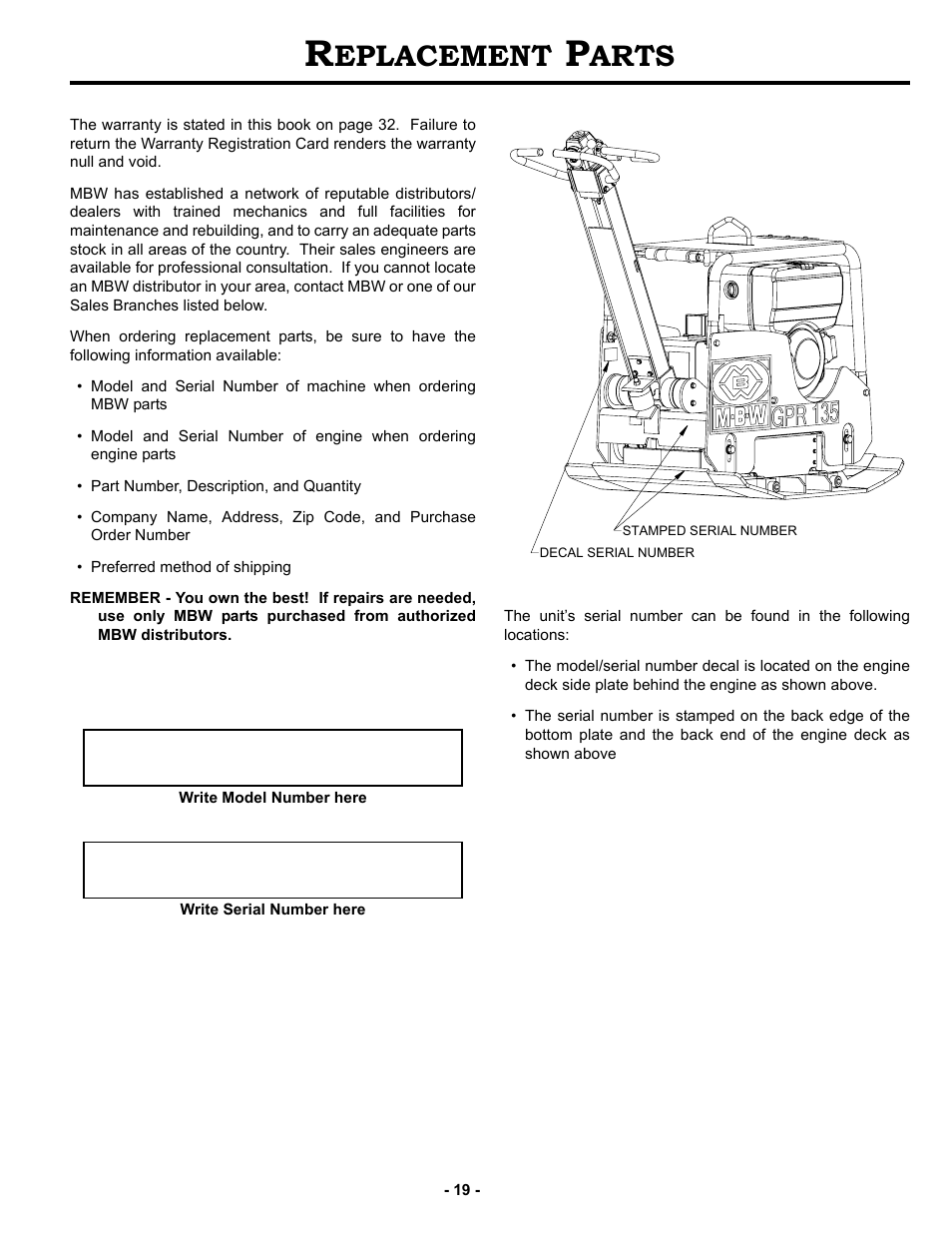 Replacement parts, Eplacement, Arts | MBW GPR160 User Manual | Page 22 / 37