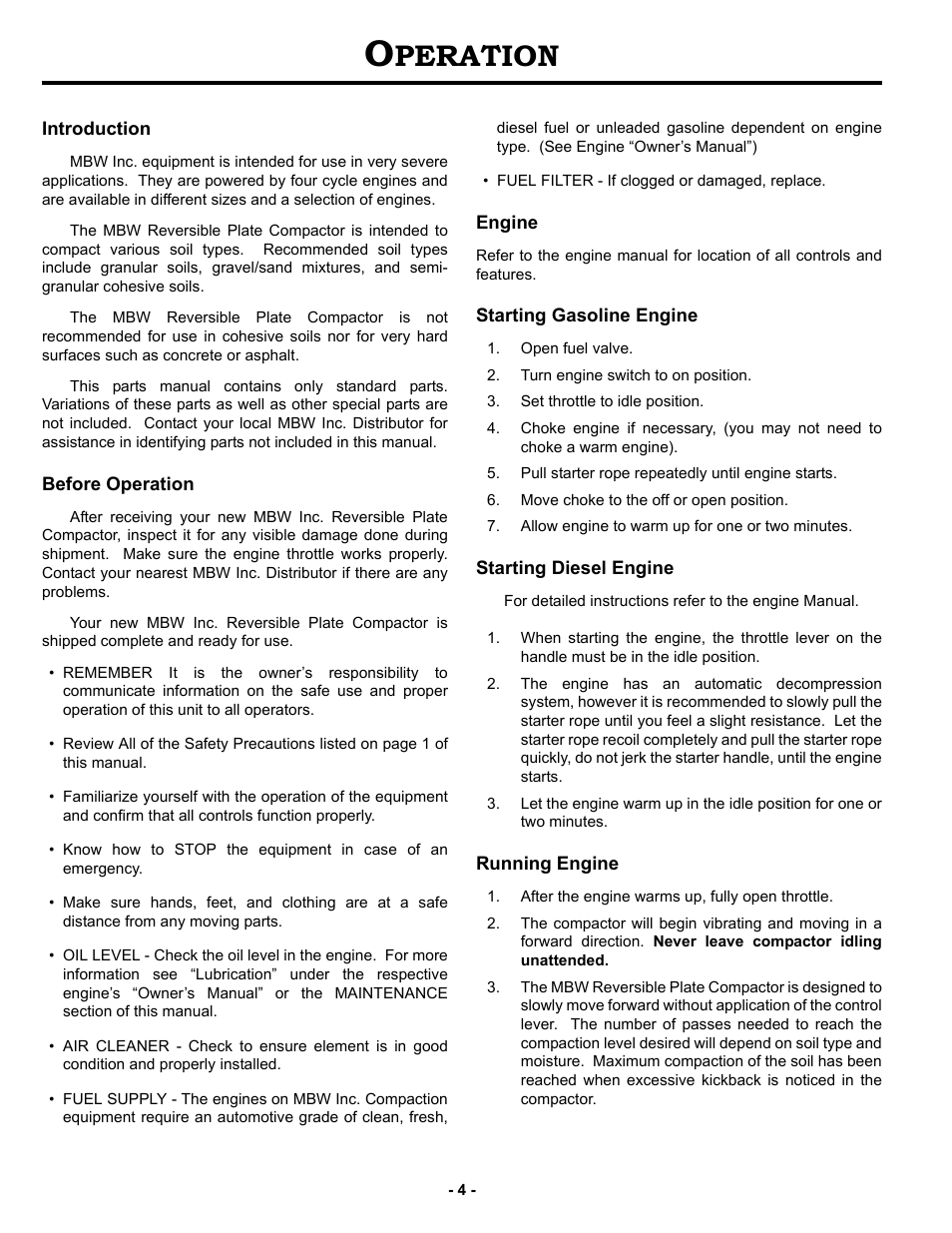 Operation, Introduction, Before operation | Engine, Starting gasoline engine, Starting diesel engine, Running engine, Peration | MBW GPR160 User Manual | Page 7 / 37