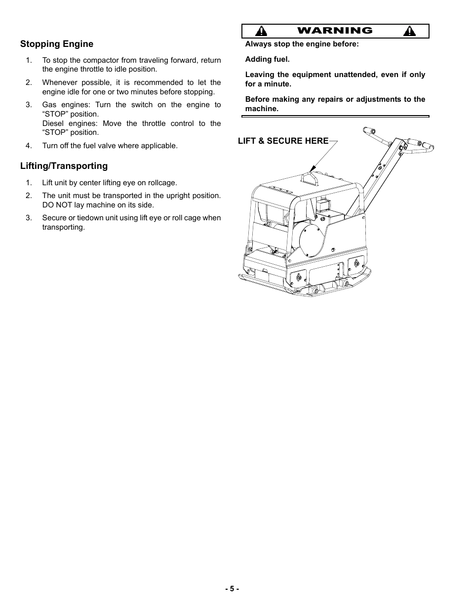 Stopping engine, Lifting/transporting | MBW GPR160 User Manual | Page 8 / 37