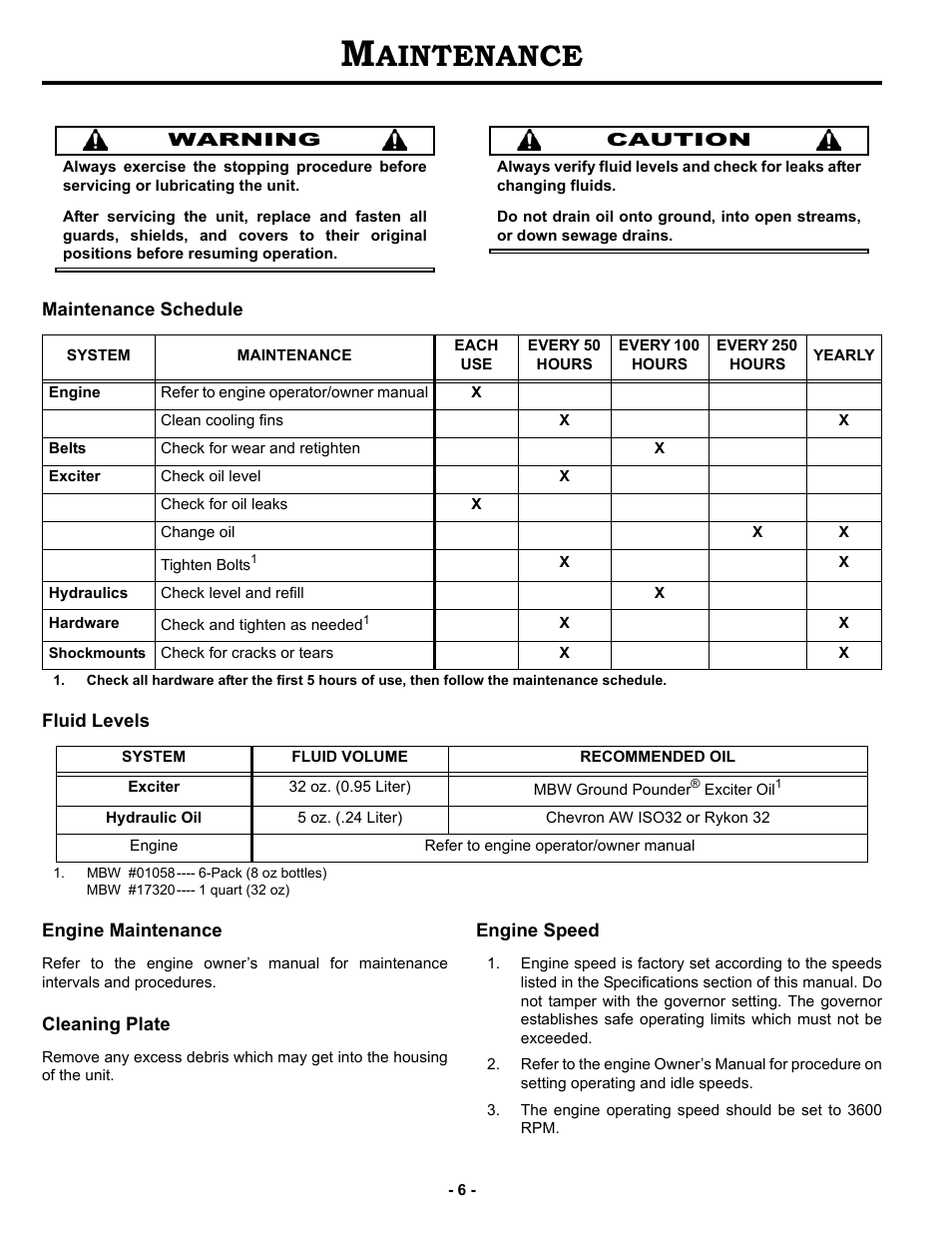 Maintenance, Maintenance schedule, Fluid levels | Engine maintenance, Cleaning plate, Engine speed, Aintenance | MBW GPR160 User Manual | Page 9 / 37