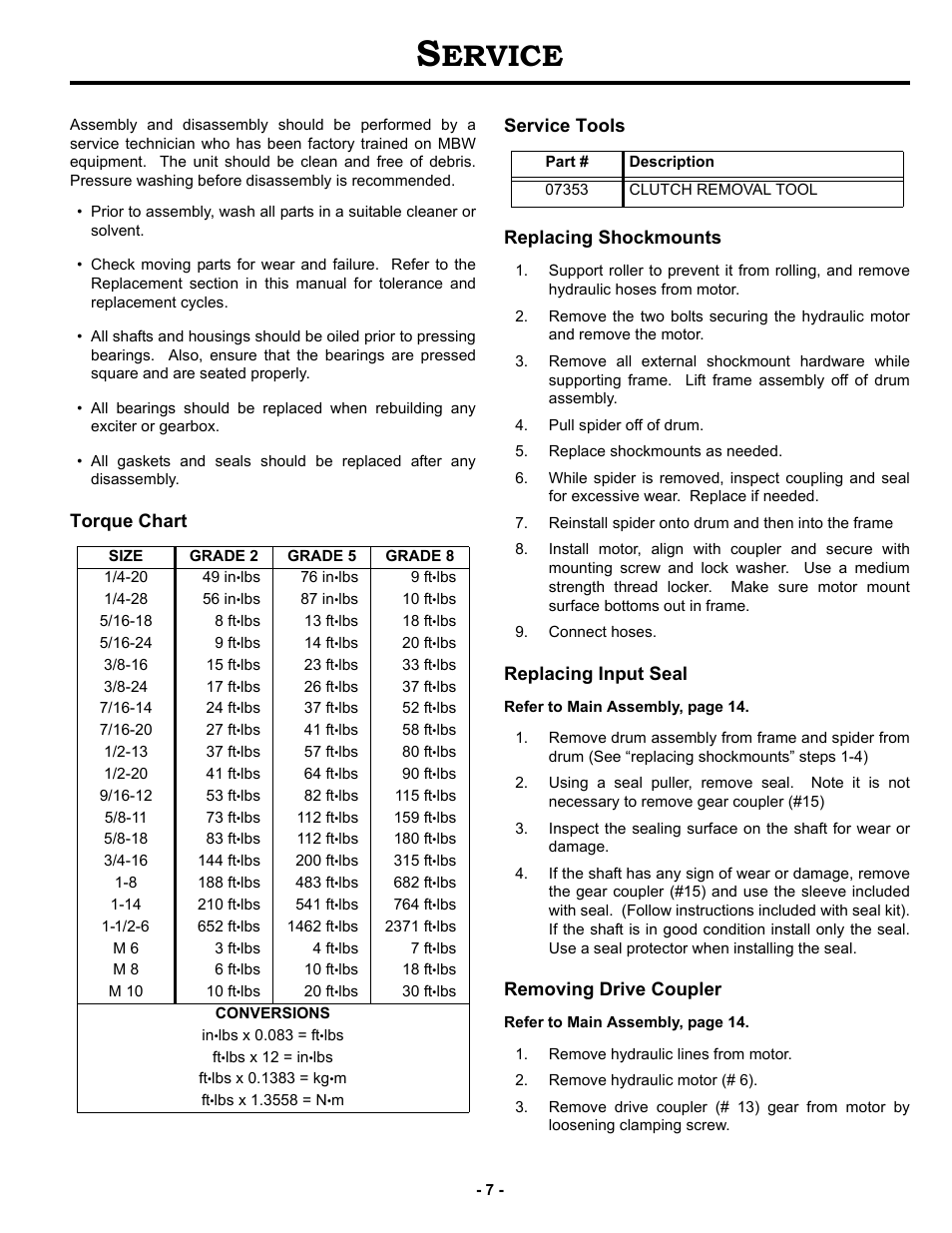 Ervice, Torque chart service tools replacing shockmounts, Replacing input seal | Removing drive coupler | MBW AT84 User Manual | Page 10 / 21